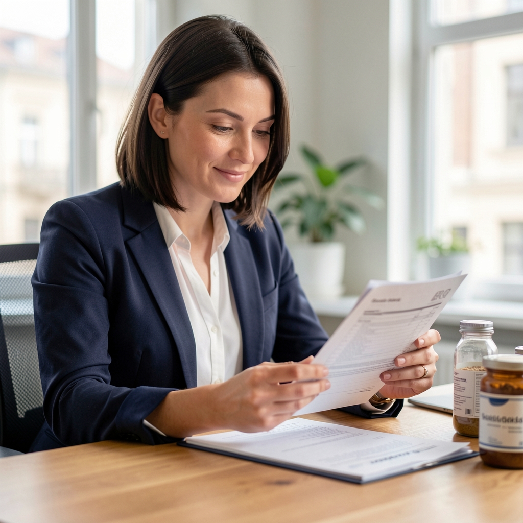 Portrait of a nutrition professional reviewing ingredient documentation at a wooden desk in a well-lit Warsaw workspace