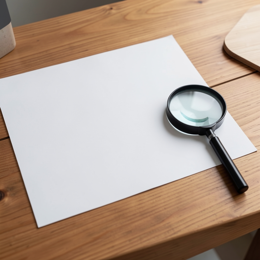 Printed certificate of composition for a mineral supplement batch, placed on a wooden desk beside a magnifying glass