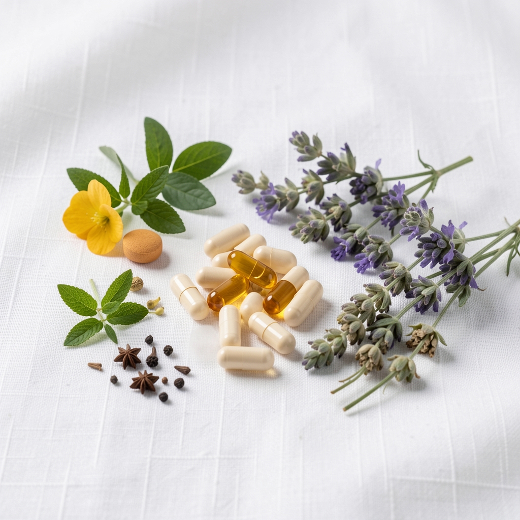 Arranged supplement capsules and botanical ingredients on a clean white linen surface under studio lighting