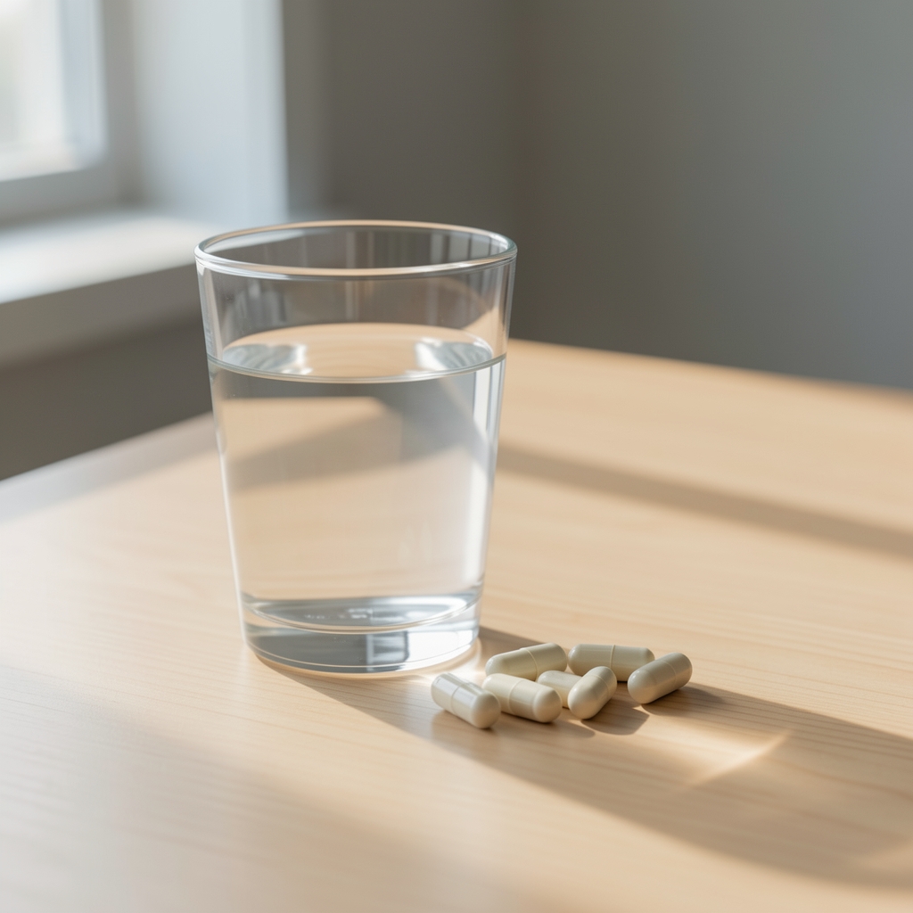 Single glass of water next to supplement capsules on a minimalist wooden desk surface in morning light
