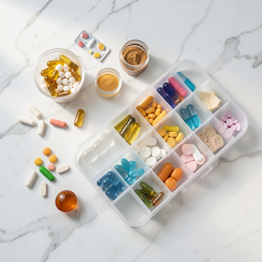 Flat lay of several supplement components and a weekly pill organiser on a clean white marble surface in natural daylight